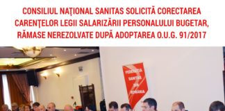 Consiliul Național SANITAS solicită corectarea carențelor Legii Salarizării personalului bugetar, rămase nerezolvate după adoptarea OUG 91/2017