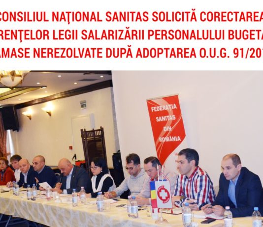 Consiliul Național SANITAS solicită corectarea carențelor Legii Salarizării personalului bugetar, rămase nerezolvate după adoptarea OUG 91/2017