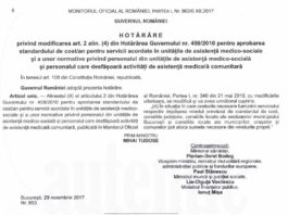 S-a publicat Hotărârea de Guvern nr. 853/ 2017 care aprobă standardul de cost / an pentru servicii acordate în unităţile de asistenţă medico-sociale