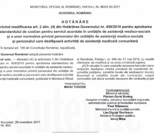 S-a publicat Hotărârea de Guvern nr. 853/ 2017 care aprobă standardul de cost / an pentru servicii acordate în unităţile de asistenţă medico-sociale