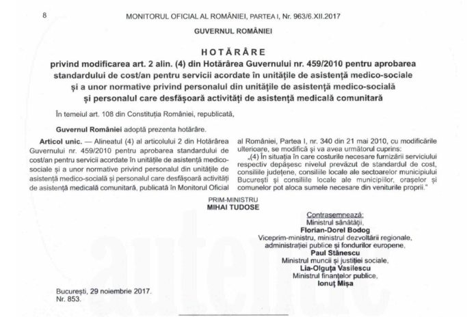 S A Publicat HotÄƒrarea De Guvern Nr 853 2017 Care AprobÄƒ Standardul De Cost An Pentru Servicii Acordate In UnitÄƒÅ£ile De AsistenÅ£Äƒ Medico Sociale Federatia Sanitas Din Romania