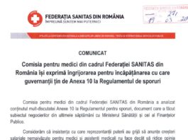 COMUNICAT: Comisia pentru medici din cadrul Federației SANITAS din România își exprimă îngrijorarea pentru încăpățânarea cu care guvernanții țin de Anexa 10 la Regulamentul de sporuri