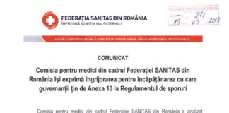 COMUNICAT: Comisia pentru medici din cadrul Federației SANITAS din România își exprimă îngrijorarea pentru încăpățânarea cu care guvernanții țin de Anexa 10 la Regulamentul de sporuri