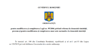Proiect de ORDONANȚĂ pentru modificarea și completarea Legii nr. 95/2006 privind reforma în domeniul sănătății, precum și pentru modificarea și completarea unor acte normative în domeniul sănătății.