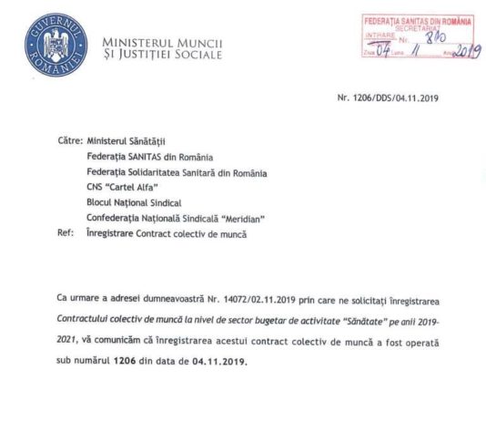 CONTRACTUL COLECTIV DE MUNCĂ LA NIVEL DE SECTOR BUGETAR SĂNĂTATE, pentru perioada 2019-2021 a fost înregistrat