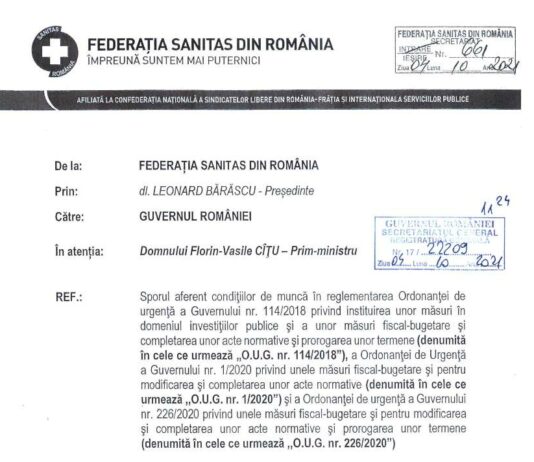 Adresa SANITAS referitoare la SPORUL AFERENT CONDIȚIILOR DE MUNCĂ