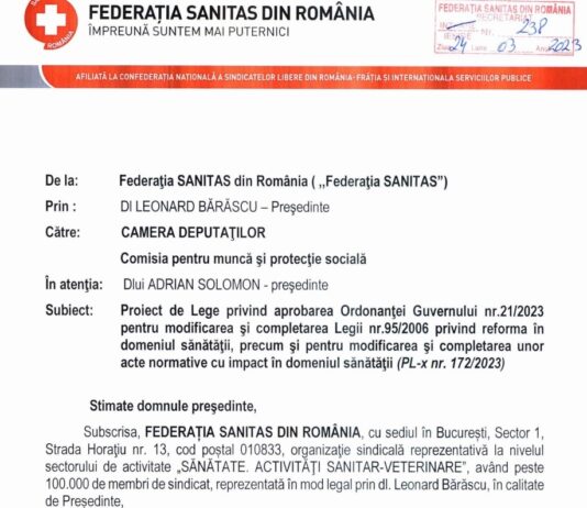 Amendamentele propuse de SANITAS la proiectul de Lege privind aprobarea Ordonanţei Guvernului nr. 21/2023 pentru modificarea şi completarea Legii nr. 95/2006 privind reforma în domeniul sănătăţii
