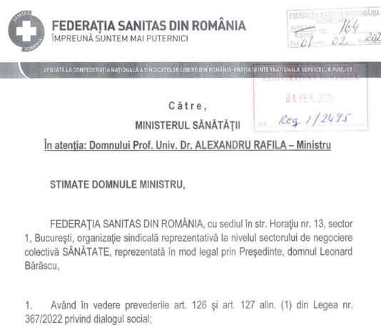 SANITAS notifică Ministerul Sănătății, în baza Legii 367/2022 privind dialogul social: