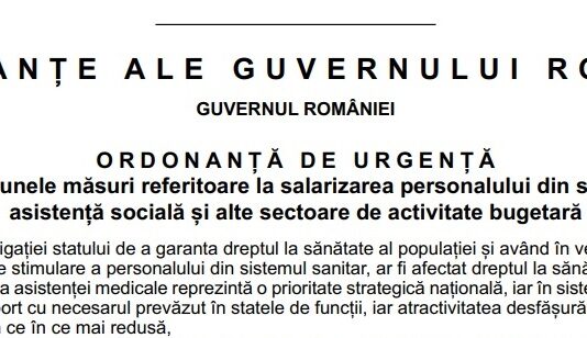S-a publicat în Monitorul Oficial OUG nr. 19/2024 privind unele măsuri referitoare la salarizarea personalului din sănătate, asistență socială și alte sectoare de activitate bugetară
